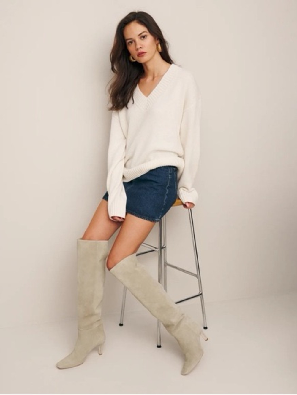 Reformation Reagan Suede Knee-High Heel Boot in Beige